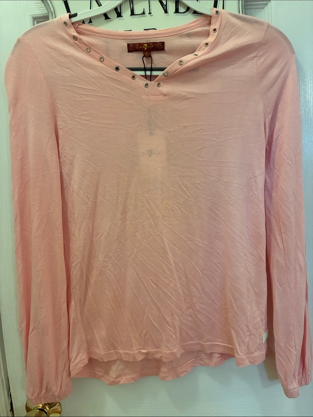 7 For All Mankind Light Pink Long Sleeve V-Neck Tee with Grommets